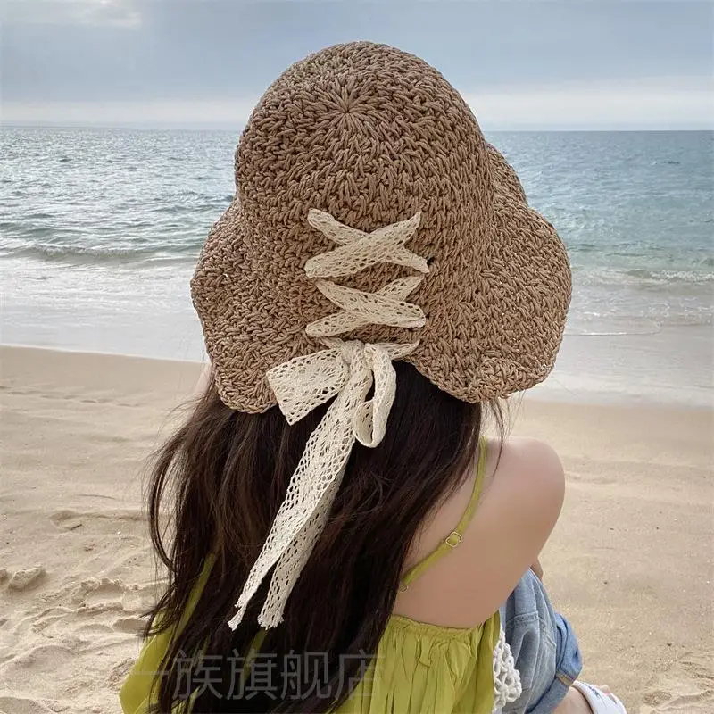 Women Straw Bow Cap Wide Brim Pink Letter - Image 45