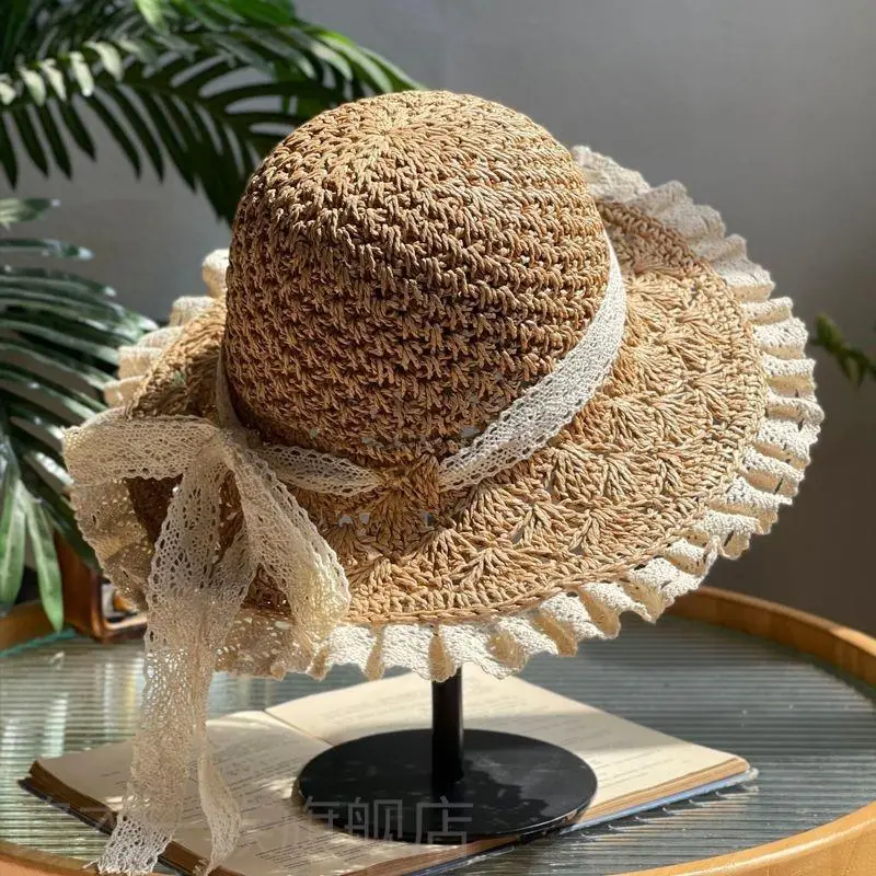 Women Straw Bow Cap Wide Brim Pink Letter - Image 47