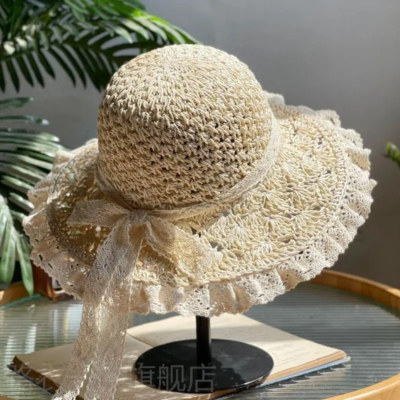 Women Straw Bow Cap Wide Brim Pink Letter - Image 48