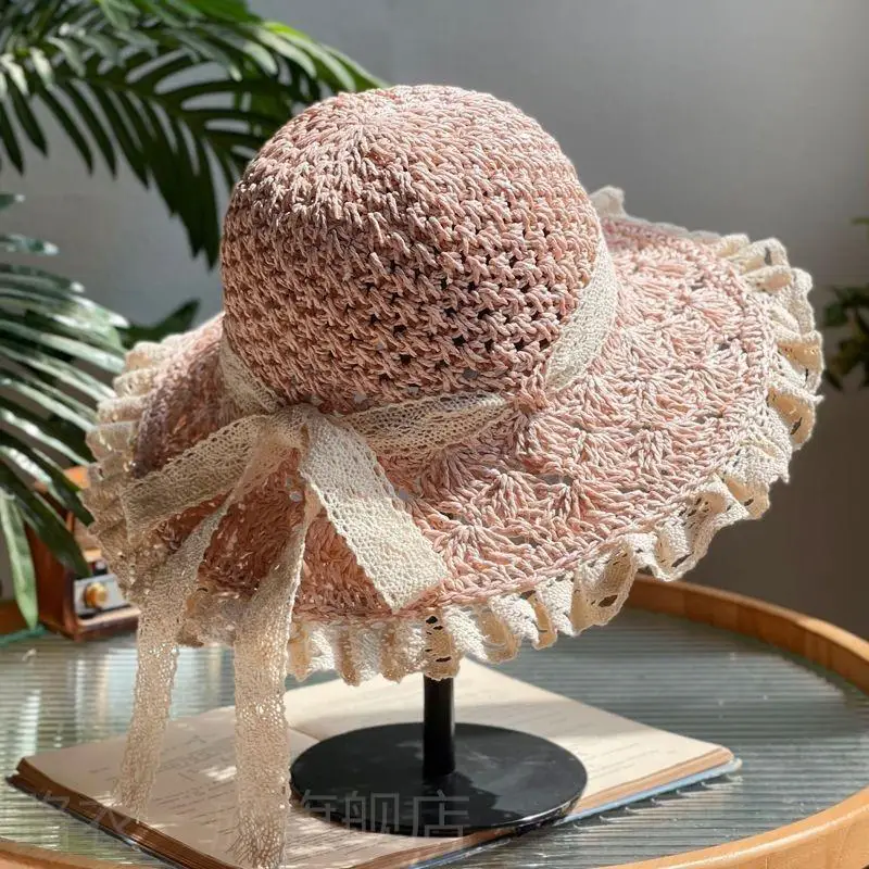 Women Straw Bow Cap Wide Brim Pink Letter - Image 49
