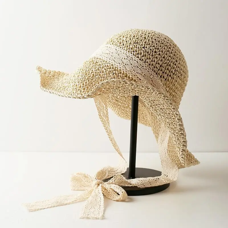 Women Straw Bow Cap Wide Brim Pink Letter - Image 50