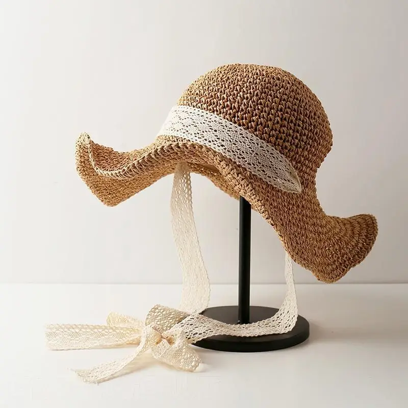 Women Straw Bow Cap Wide Brim Pink Letter - Image 51