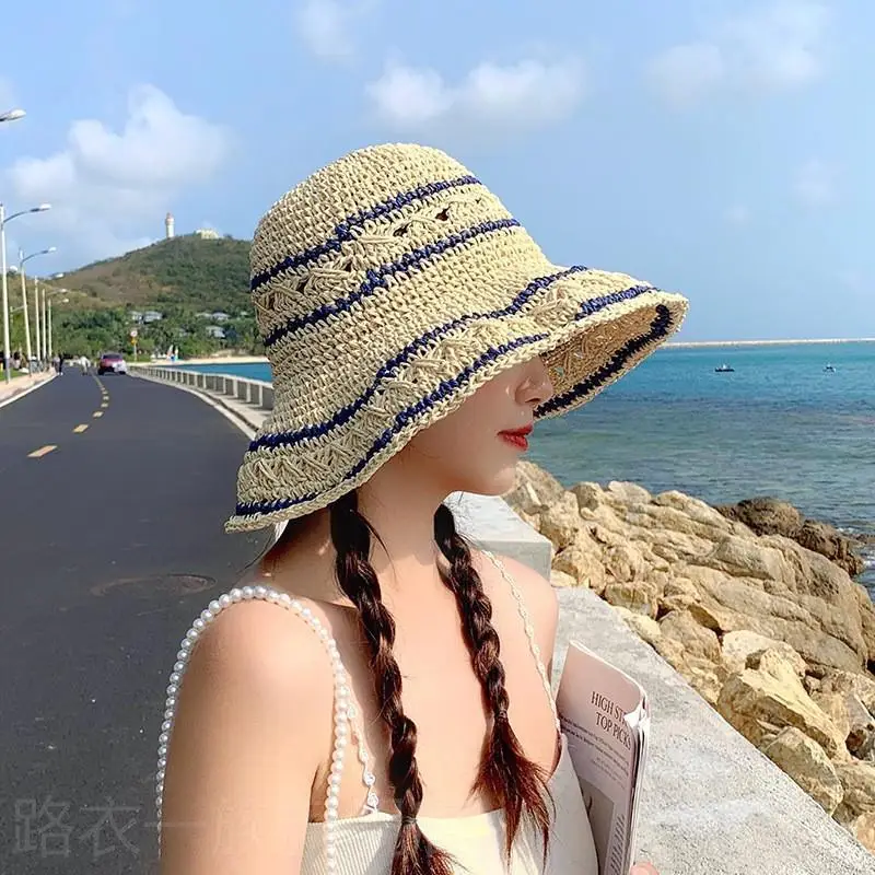 Women Straw Bow Cap Wide Brim Pink Letter - Image 56