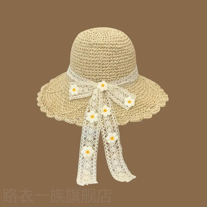 Women Straw Bow Cap Wide Brim Pink Letter - Image 66