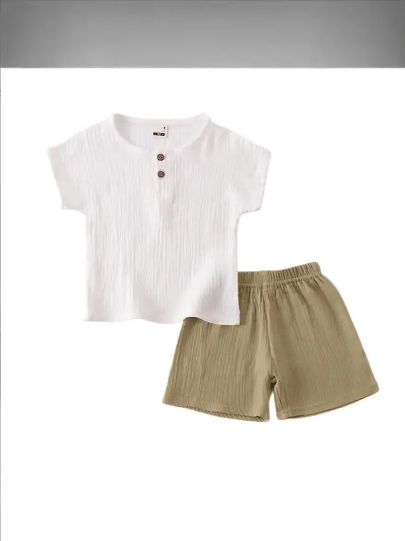 Children Cotton Linen Shorts Suit White Navy Summer Wear - Image 10
