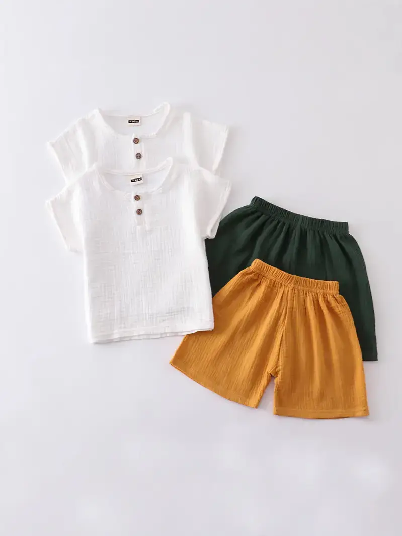 Children Cotton Linen Shorts Suit White Navy Summer Wear - Image 11