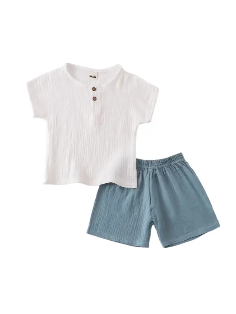 Children Cotton Linen Shorts Suit White Navy Summer Wear - Image 13