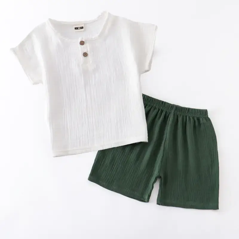 Children Cotton Linen Shorts Suit White Navy Summer Wear - Image 6