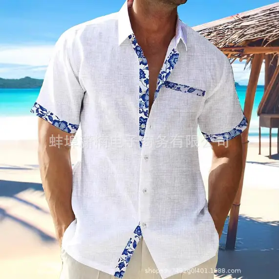 Men's White Hawaii Beach Shirt Short Sleeve Cuff Placket - Image 60