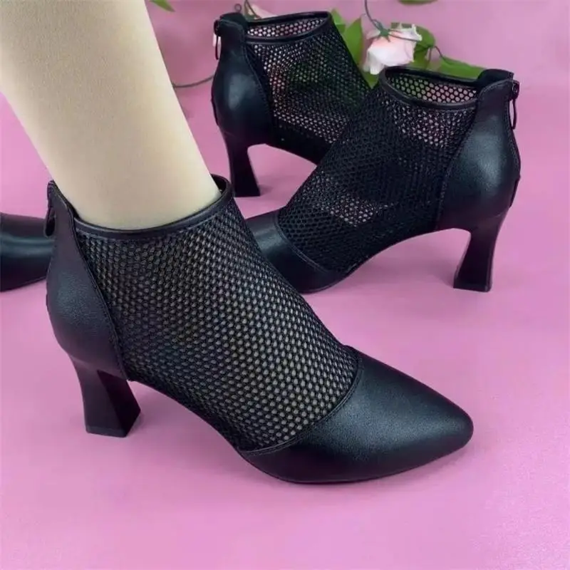 Women's Black Mesh Heel Boots Mid Height 2023