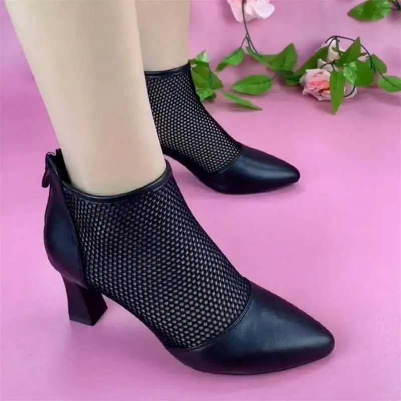 Women's Black Mesh Heel Boots Mid Height 2023