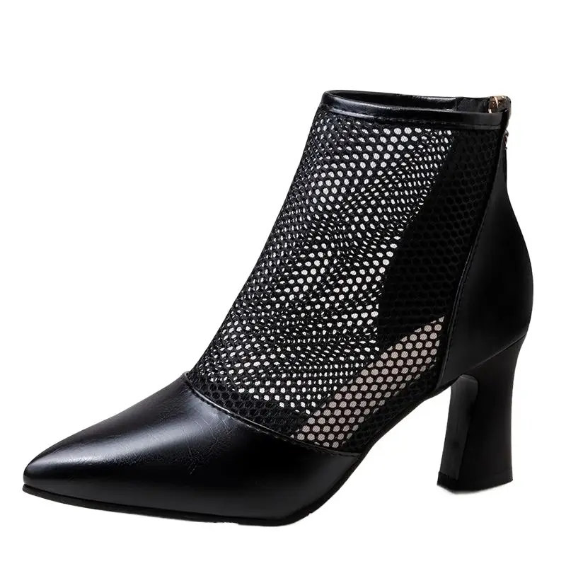 Women's Black Mesh Heel Boots Mid Height 2023