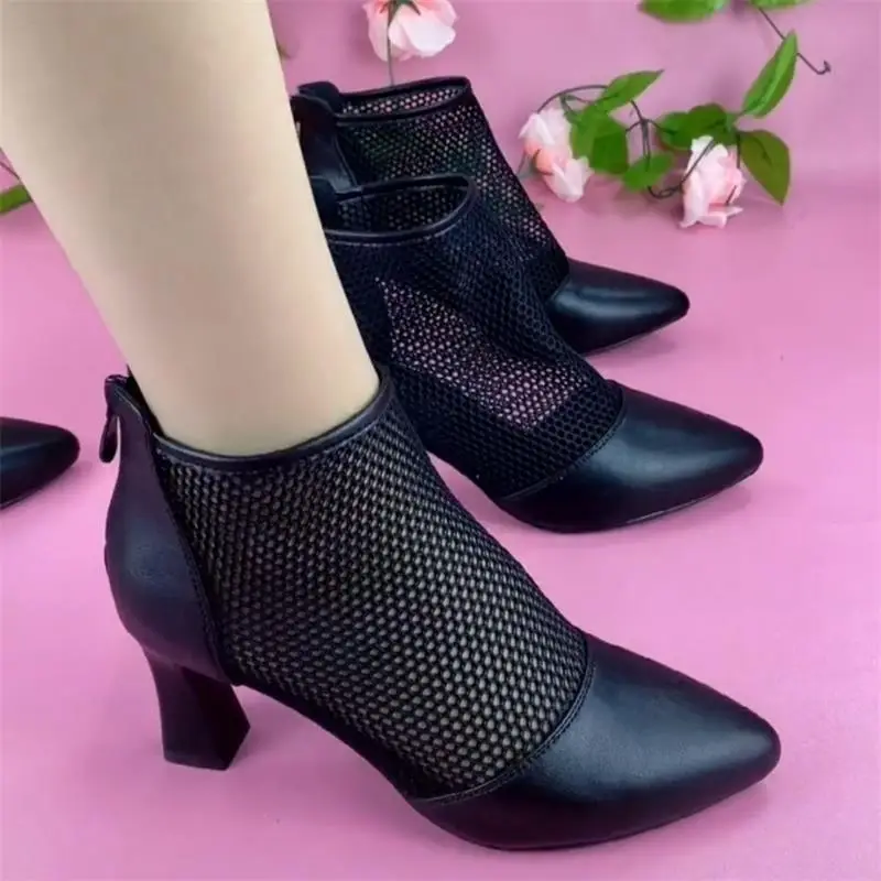 Women's Black Mesh Heel Boots Mid Height 2023 — feature 2