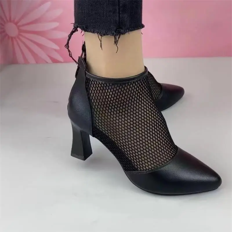 Women's Black Mesh Heel Boots Mid Height 2023 — feature 4