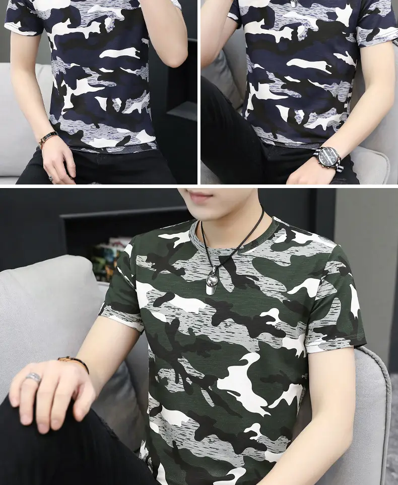 Men Striped Camo T-Shirt White Black Cotton — feature 10