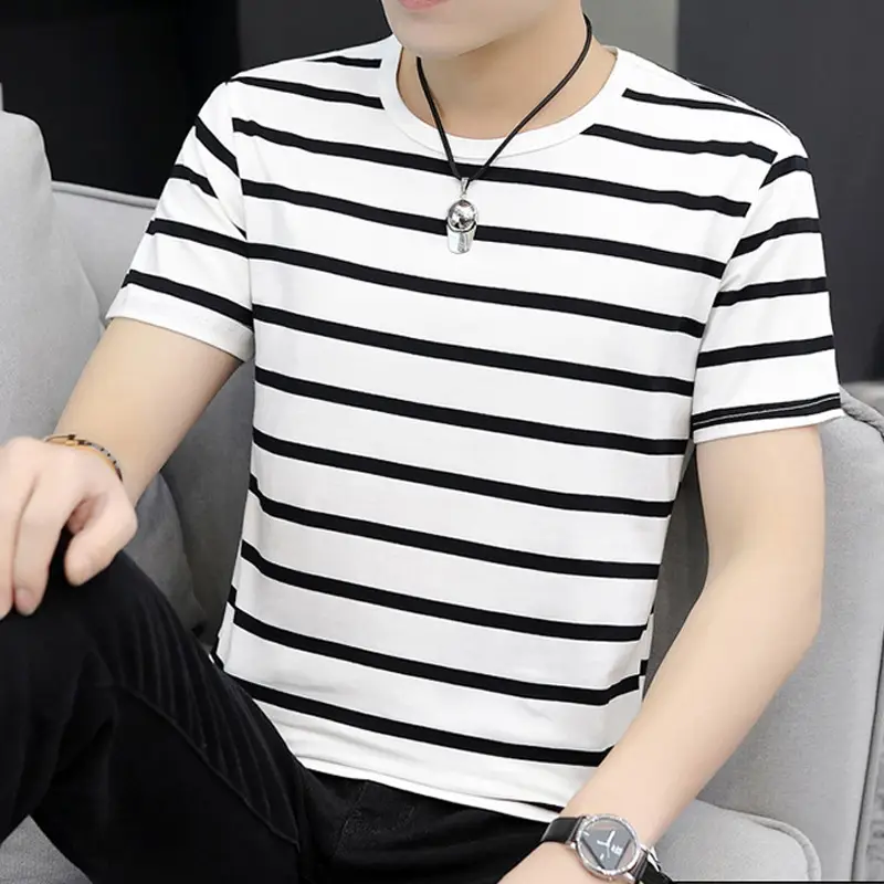 Men Striped Camo T-Shirt White Black Cotton - Image 2