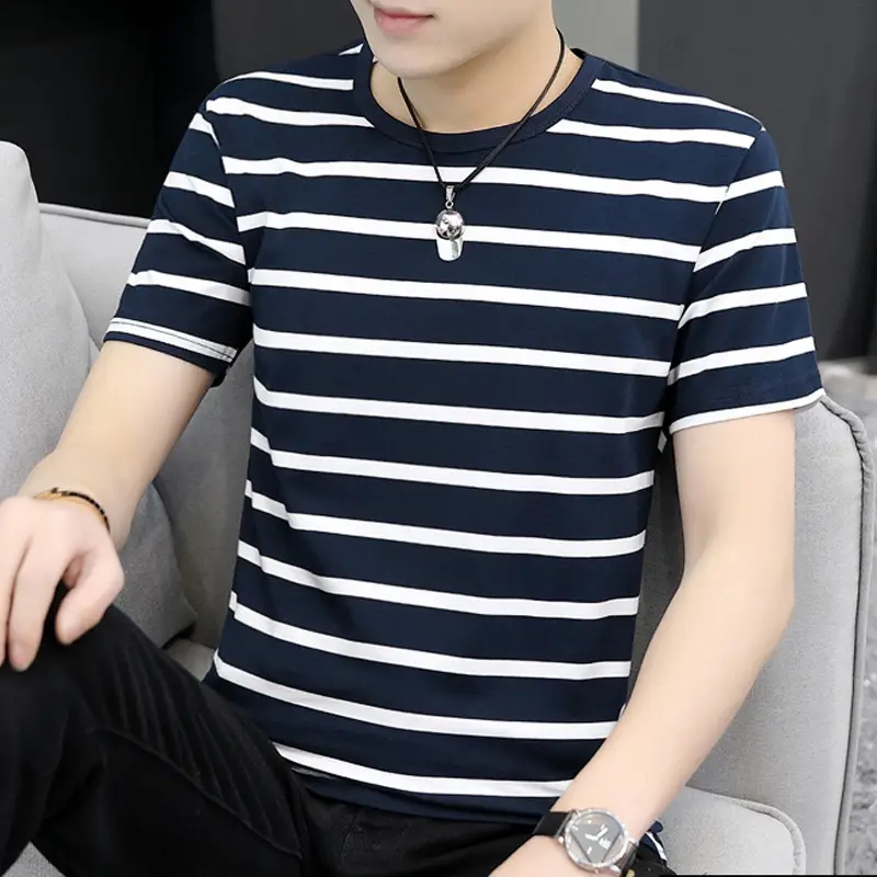Men Striped Camo T-Shirt White Black Cotton - Image 3