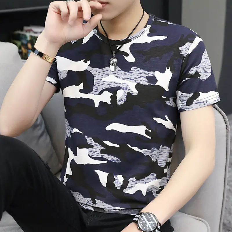 Men Striped Camo T-Shirt White Black Cotton - Image 5