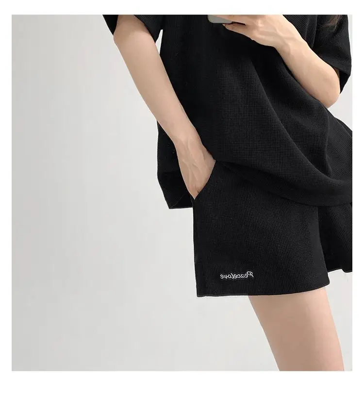 Women Black Waffle Shorts Set Summer Casual Shorts — feature 16