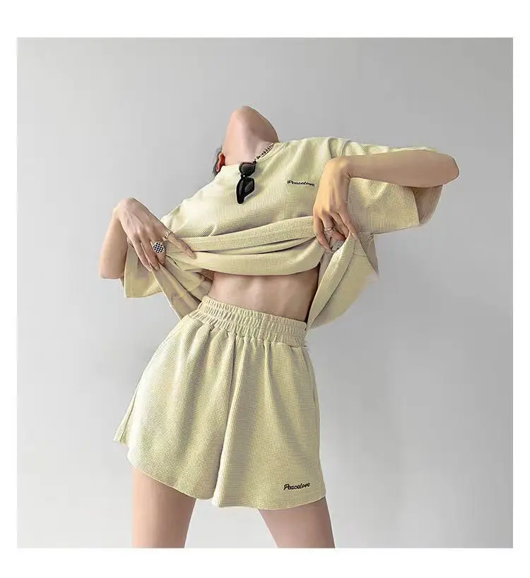 Women Black Waffle Shorts Set Summer Casual Shorts — feature 18