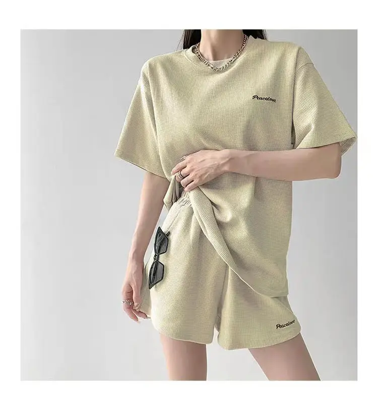 Women Black Waffle Shorts Set Summer Casual Shorts — feature 20