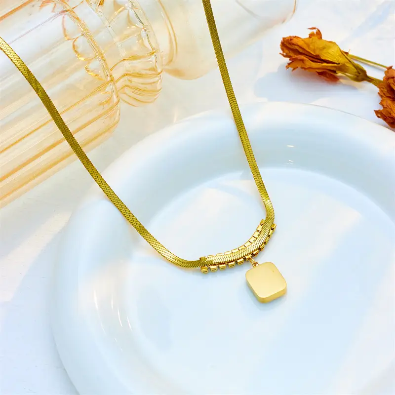 Gold Pendant Necklace with Emerald Cube Zircon & Pearl Chain