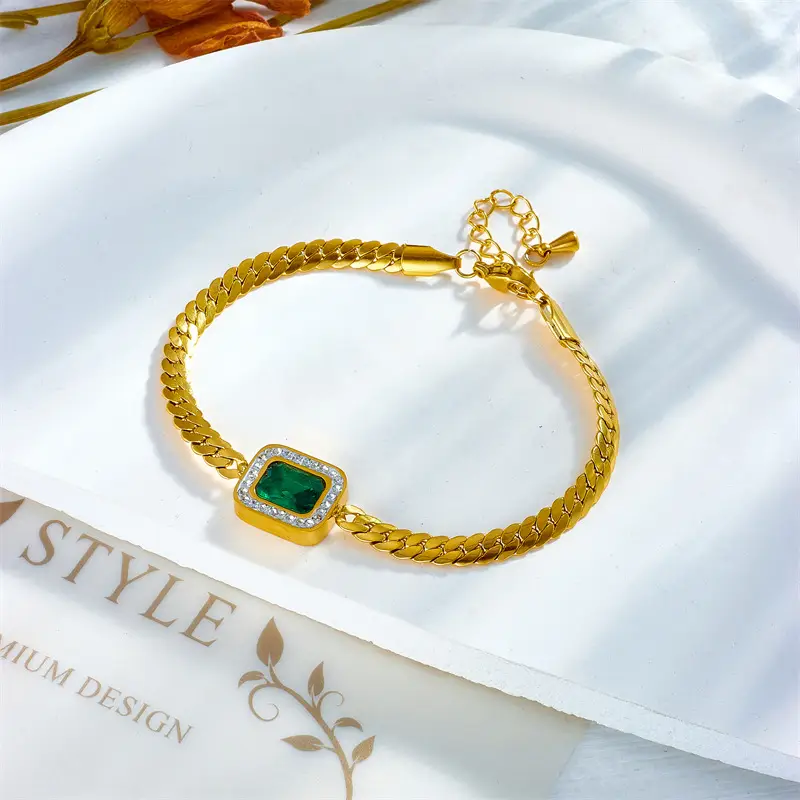 Gold Pendant Necklace with Emerald Cube Zircon & Pearl Chain