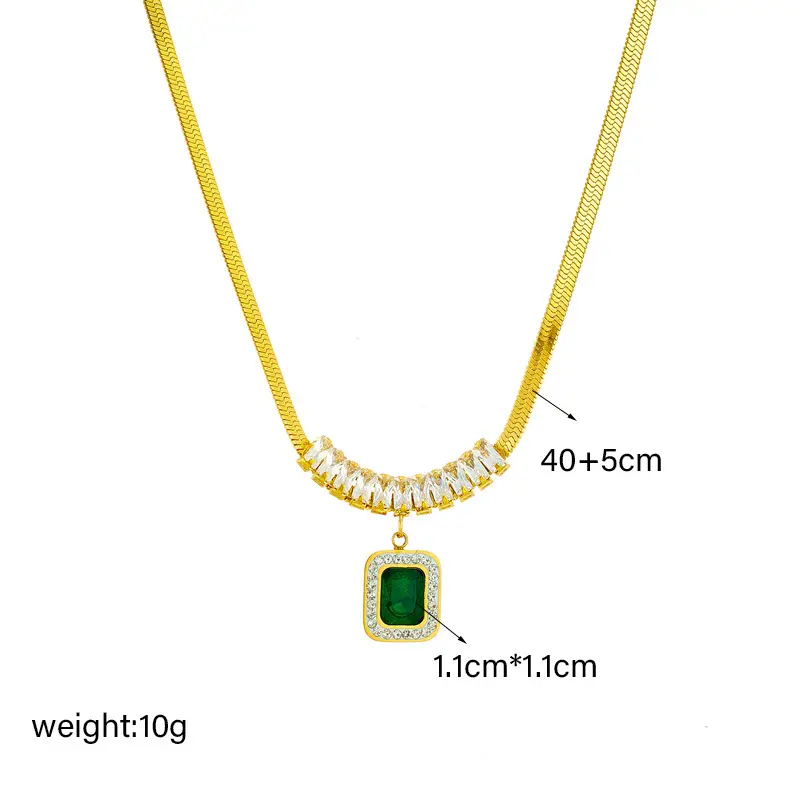 Gold Pendant Necklace with Emerald Cube Zircon & Pearl Chain