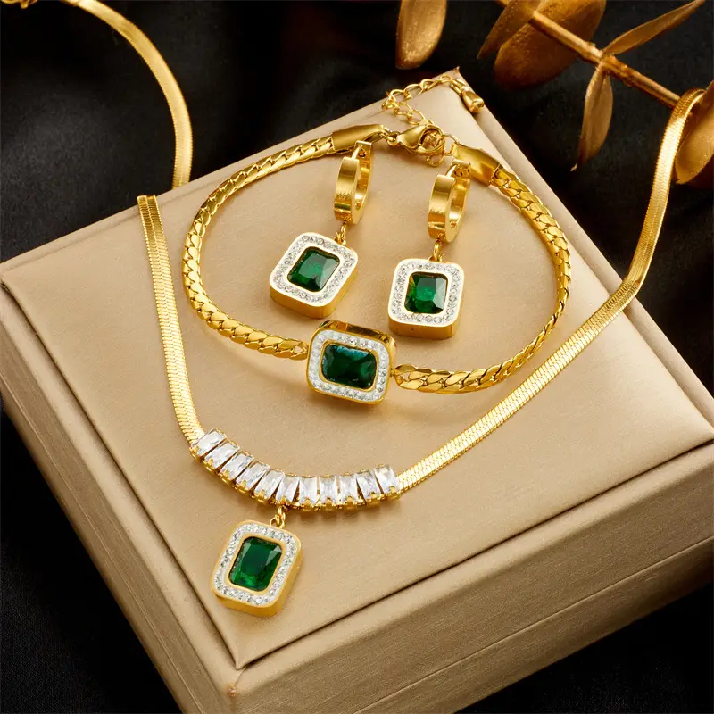 Gold Pendant Necklace with Emerald Cube Zircon & Pearl Chain