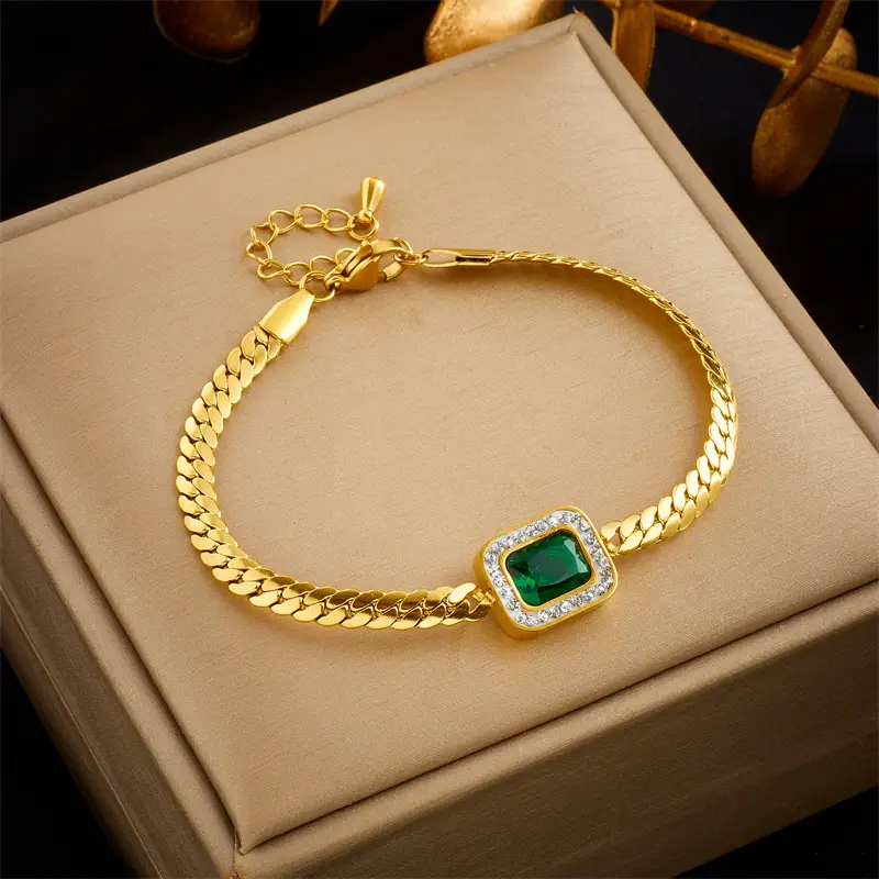 Gold Pendant Necklace with Emerald Cube Zircon & Pearl Chain