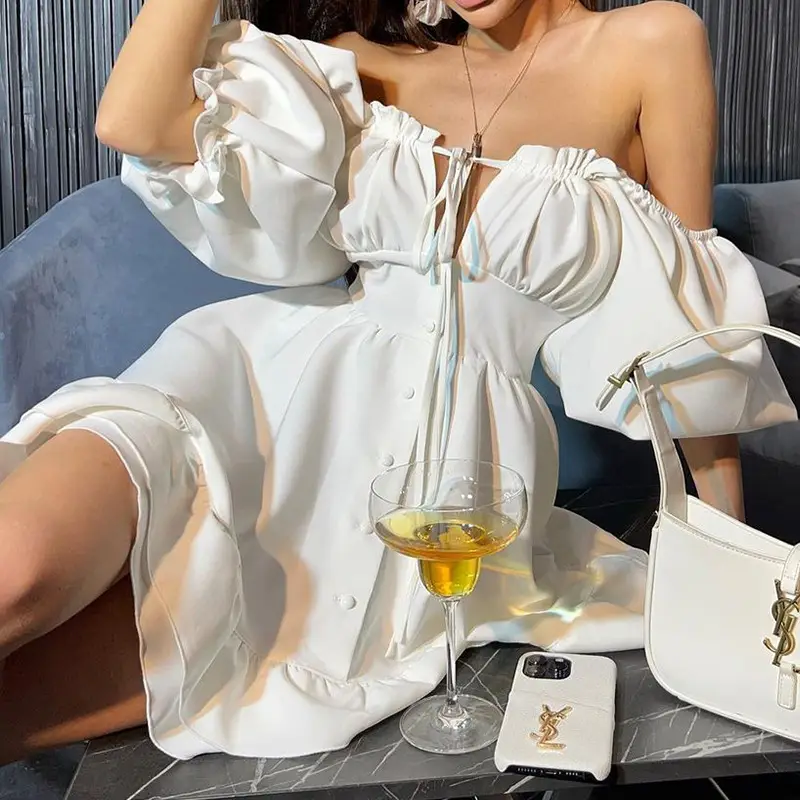 Women's White Off-Shoulder Lace-Up Dress with Handbag - Image 2