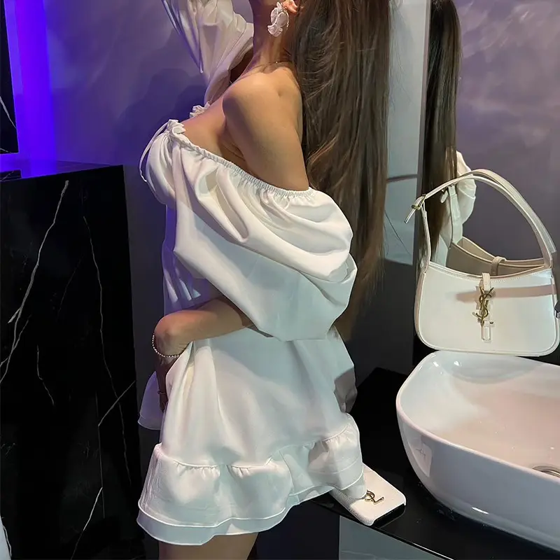 Women's White Off-Shoulder Lace-Up Dress with Handbag - Image 3