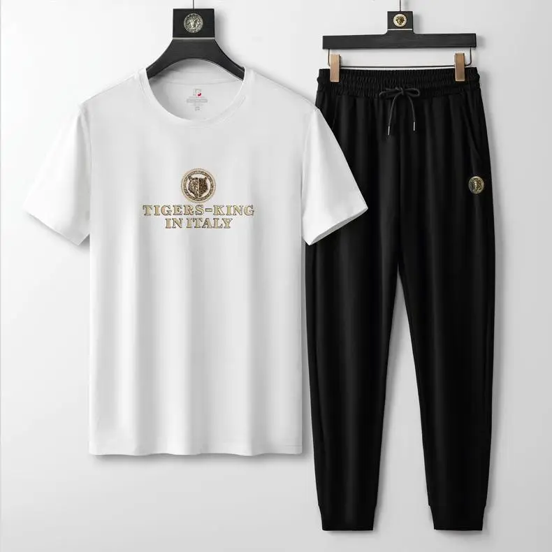 Men's Round Neck Short-sleeved T-shirt Casual Suit Men's Summer Ice Silk Summer Half-sleeved Fashionable High-end Sports Suit