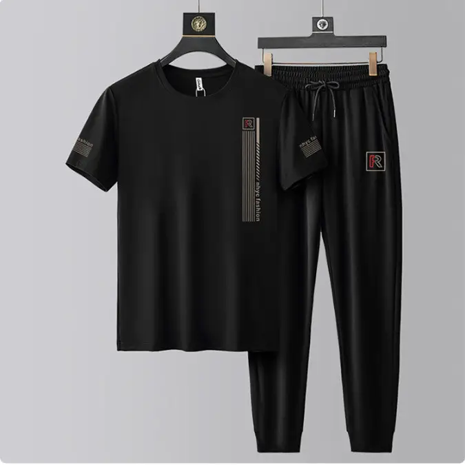 Men's Round Neck Short-sleeved T-shirt Casual Suit Men's Summer Ice Silk Summer Half-sleeved Fashionable High-end Sports Suit - Image 2
