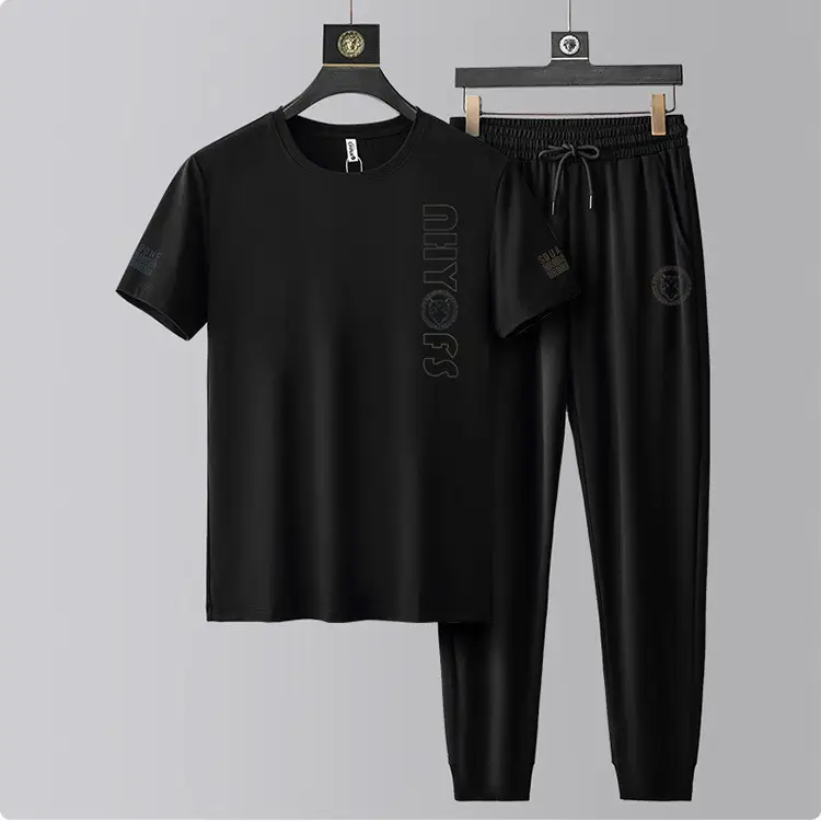 Men's Round Neck Short-sleeved T-shirt Casual Suit Men's Summer Ice Silk Summer Half-sleeved Fashionable High-end Sports Suit - Image 4