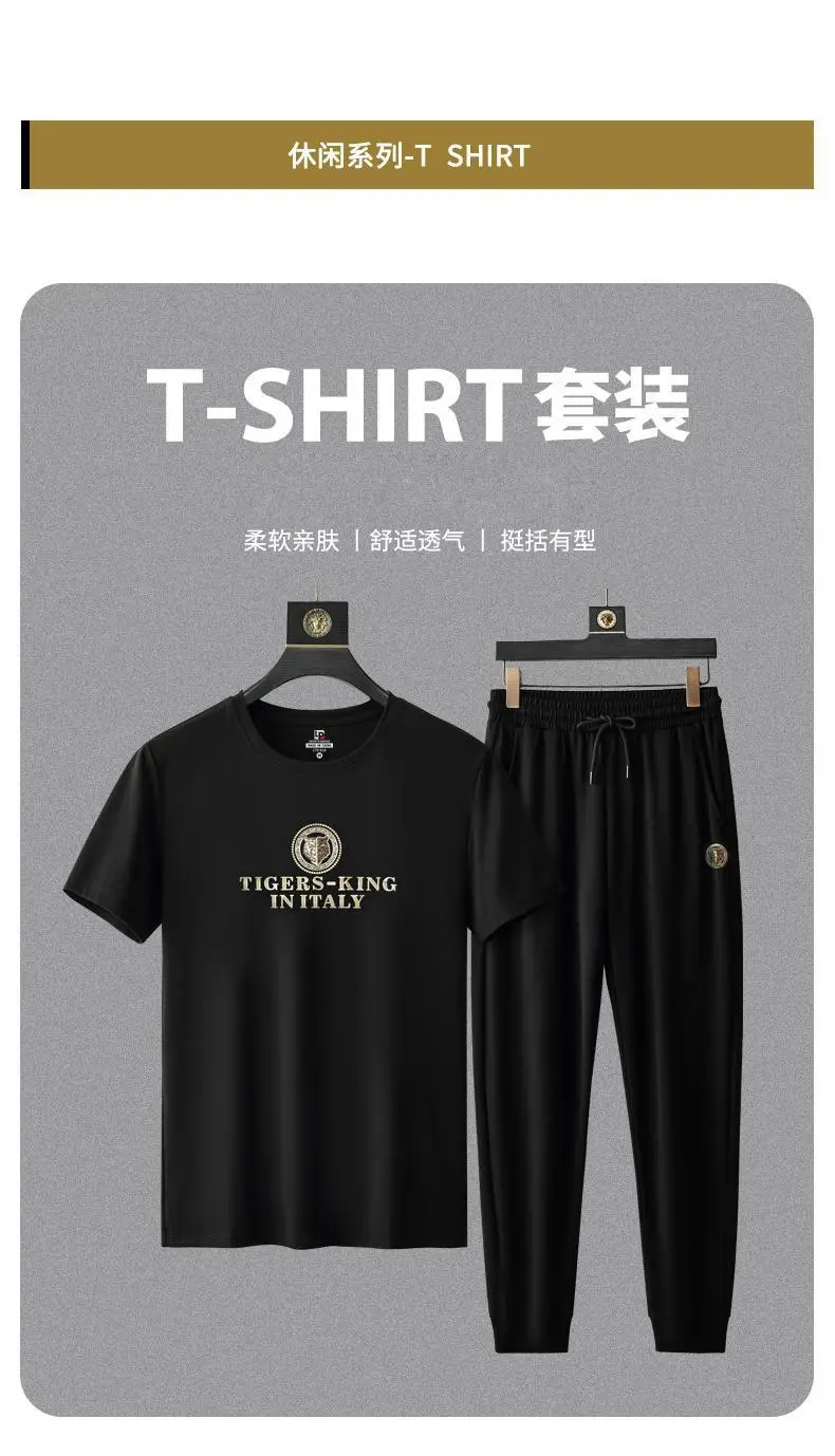 Men's Round Neck Short-sleeved T-shirt Casual Suit Men's Summer Ice Silk Summer Half-sleeved Fashionable High-end Sports Suit — feature 1