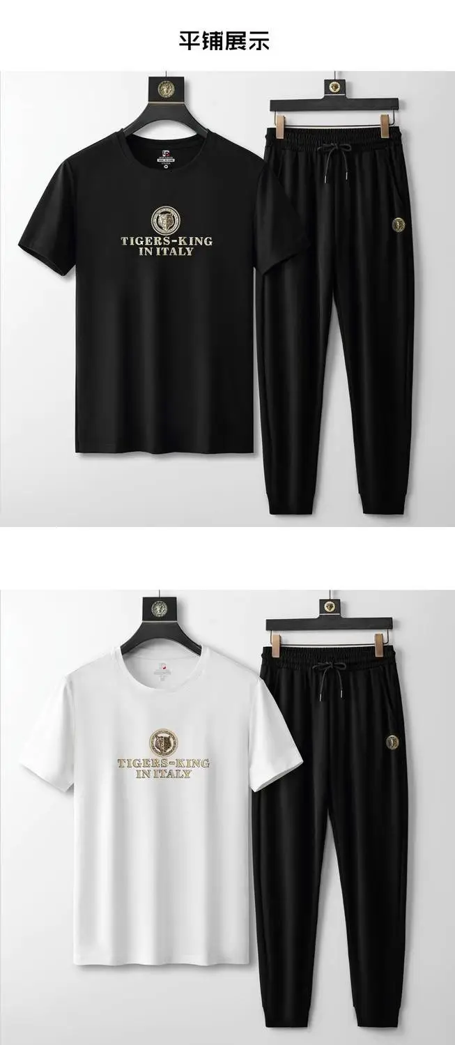 Men's Round Neck Short-sleeved T-shirt Casual Suit Men's Summer Ice Silk Summer Half-sleeved Fashionable High-end Sports Suit — feature 2