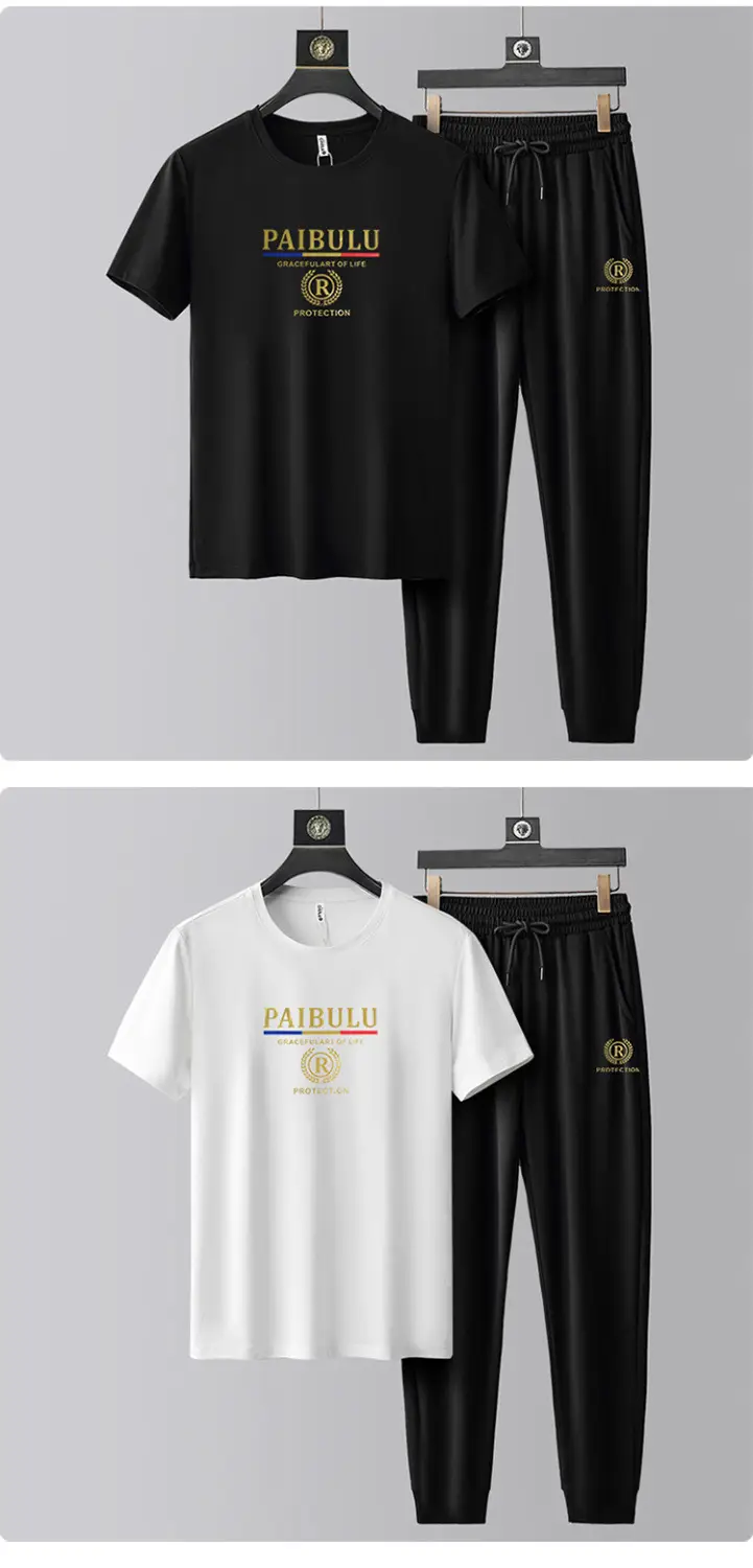 Men's Round Neck Short-sleeved T-shirt Casual Suit Men's Summer Ice Silk Summer Half-sleeved Fashionable High-end Sports Suit — feature 3