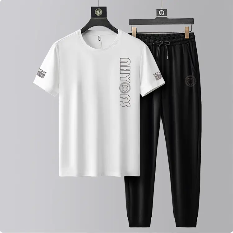 Men's Round Neck Short-sleeved T-shirt Casual Suit Men's Summer Ice Silk Summer Half-sleeved Fashionable High-end Sports Suit - Image 5