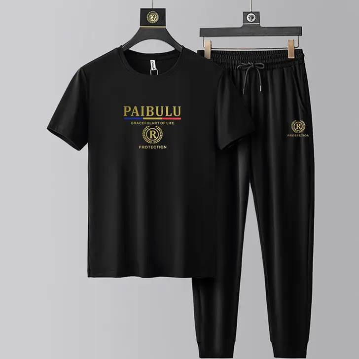 Men's Round Neck Short-sleeved T-shirt Casual Suit Men's Summer Ice Silk Summer Half-sleeved Fashionable High-end Sports Suit - Image 6