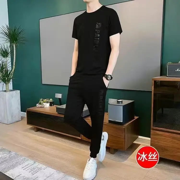 Men's Round Neck Short-sleeved T-shirt Casual Suit Men's Summer Ice Silk Summer Half-sleeved Fashionable High-end Sports Suit - Image 8