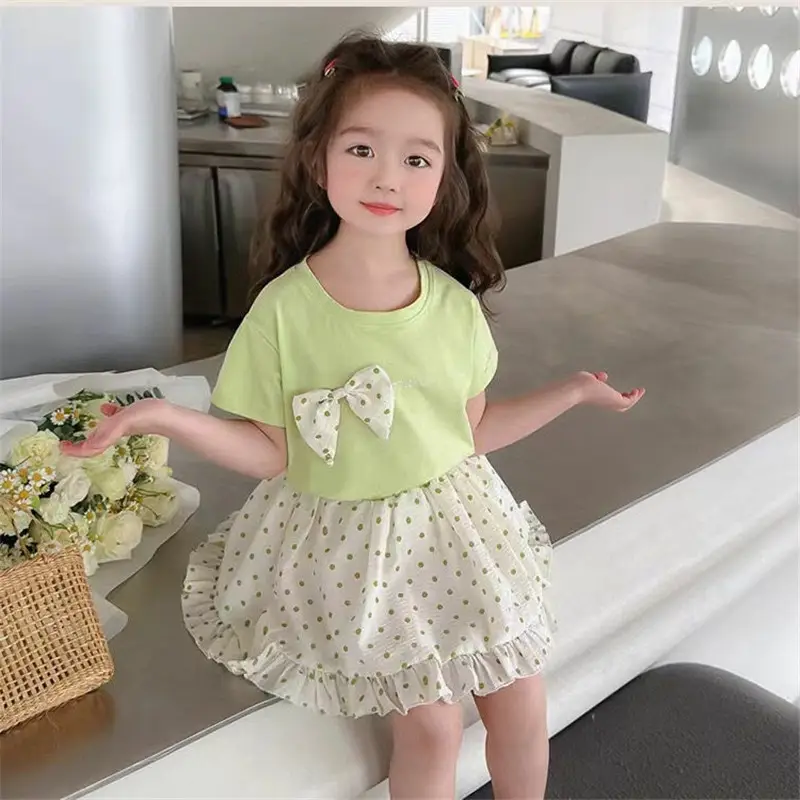 Summer Girls Two-Piece Suit Peach Bow Short Sleeve T-Shirt Short Skirt - Image 13