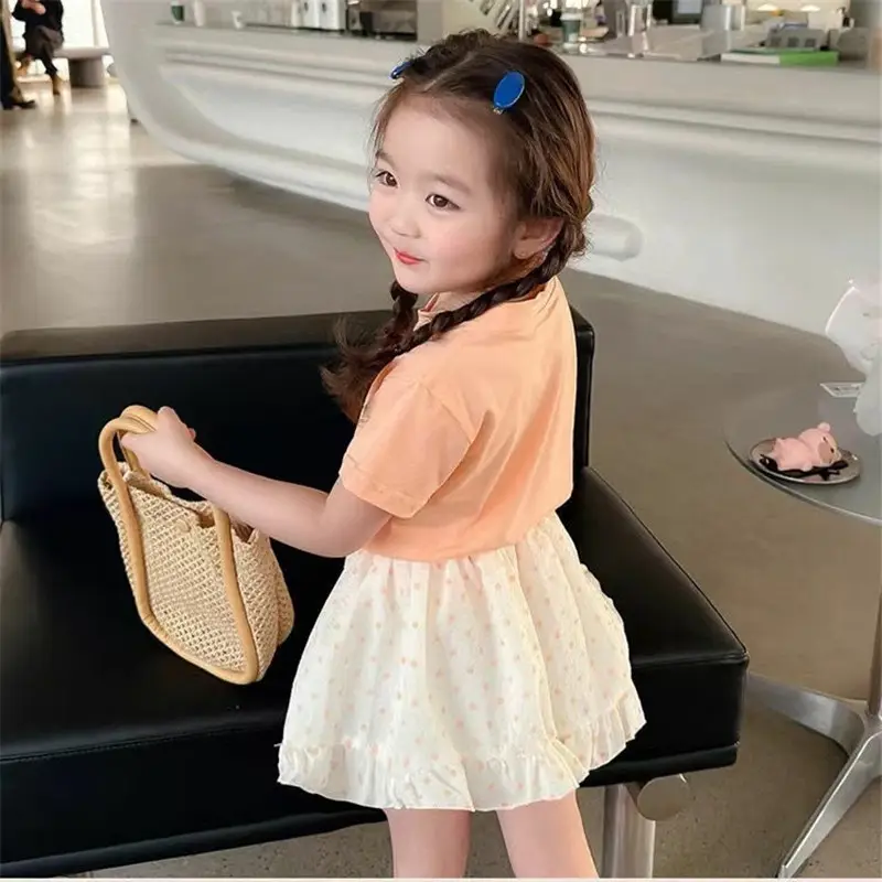 Summer Girls Two-Piece Suit Peach Bow Short Sleeve T-Shirt Short Skirt - Image 14