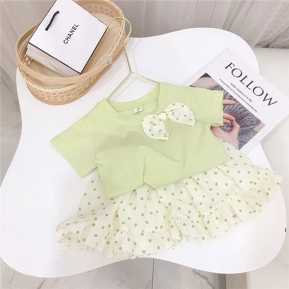 Summer Girls Two-Piece Suit Peach Bow Short Sleeve T-Shirt Short Skirt — feature 1