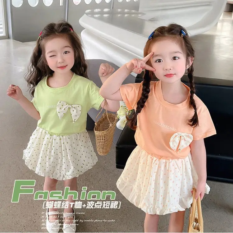 Summer Girls Two-Piece Suit Peach Bow Short Sleeve T-Shirt Short Skirt — feature 2