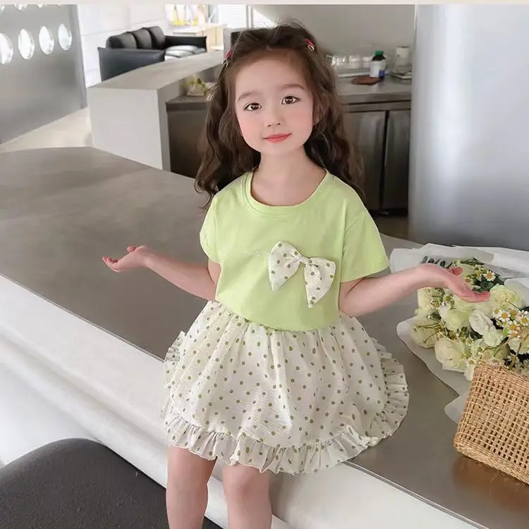 Summer Girls Two-Piece Suit Peach Bow Short Sleeve T-Shirt Short Skirt — feature 3