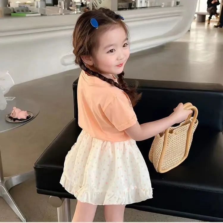 Summer Girls Two-Piece Suit Peach Bow Short Sleeve T-Shirt Short Skirt — feature 4