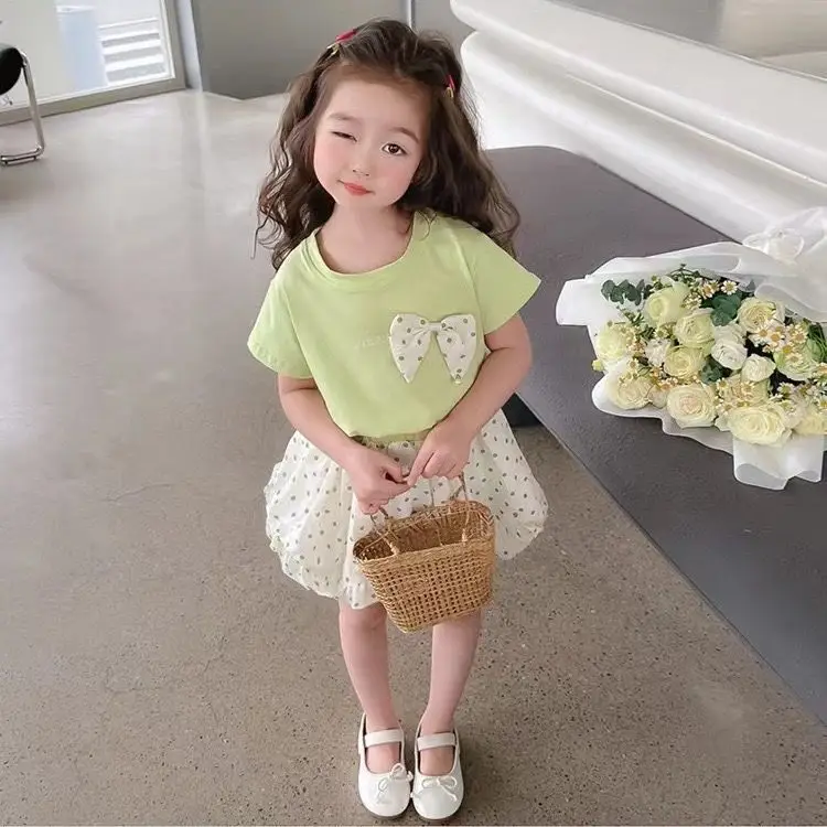 Summer Girls Two-Piece Suit Peach Bow Short Sleeve T-Shirt Short Skirt — feature 5