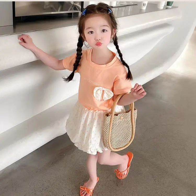 Summer Girls Two-Piece Suit Peach Bow Short Sleeve T-Shirt Short Skirt — feature 6