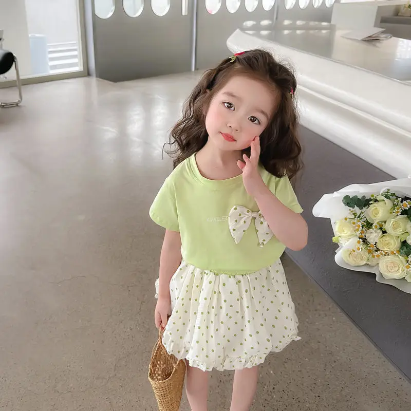 Summer Girls Two-Piece Suit Peach Bow Short Sleeve T-Shirt Short Skirt — feature 7